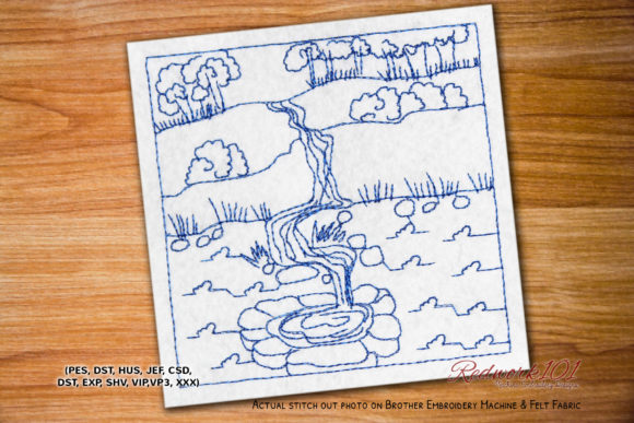 Beautiul Waterfall in Forest Redwork